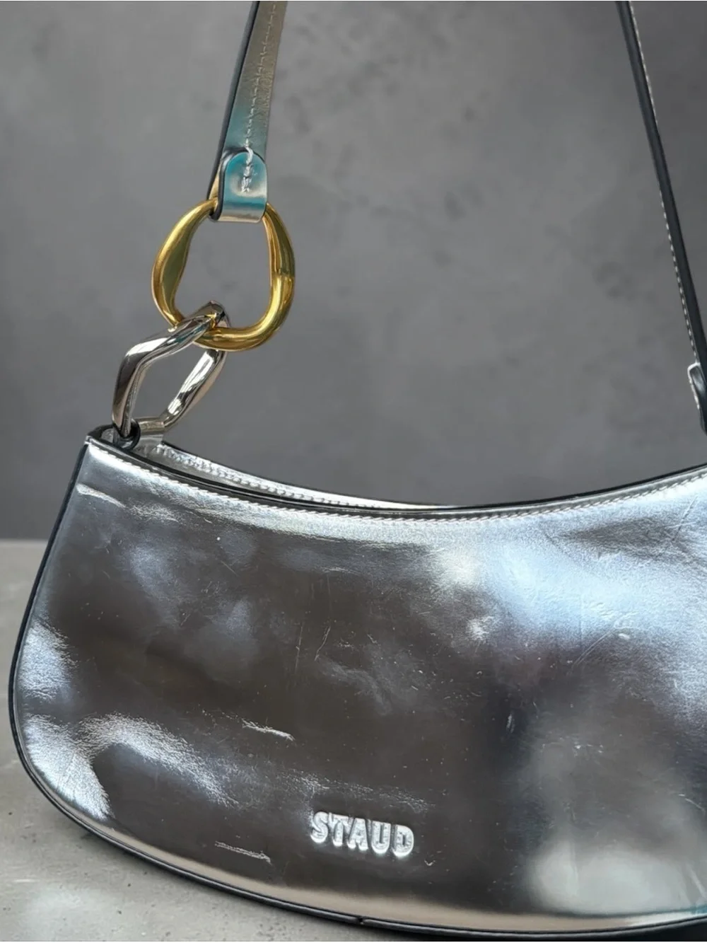 Staud Ollie Metallic Silver Shoulder Bag